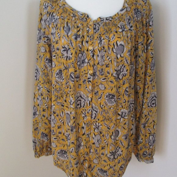 Lucky Brand Yellow and Blue Floral Button-Down Collarless Top Size L - Picture 6 of 12